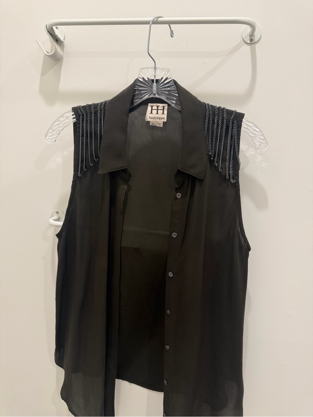 Haute Hippie dark Olive Sheer Sleeveless Button-Down Top with chained Shoulders